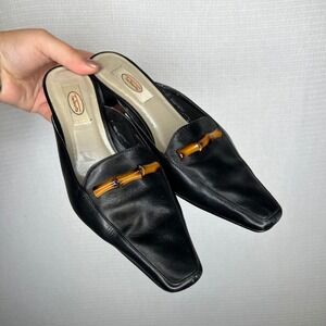 Talbots Leather Vintage Mules Size 6.5 Black Bamboo Detail Heel Square Toe Shoes